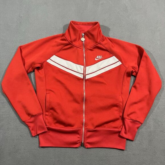 Vintage‎ Nike Track Jacket Womens Large Red Full Zip Striker Swoosh Y2K Sports - Picture 1 of 7